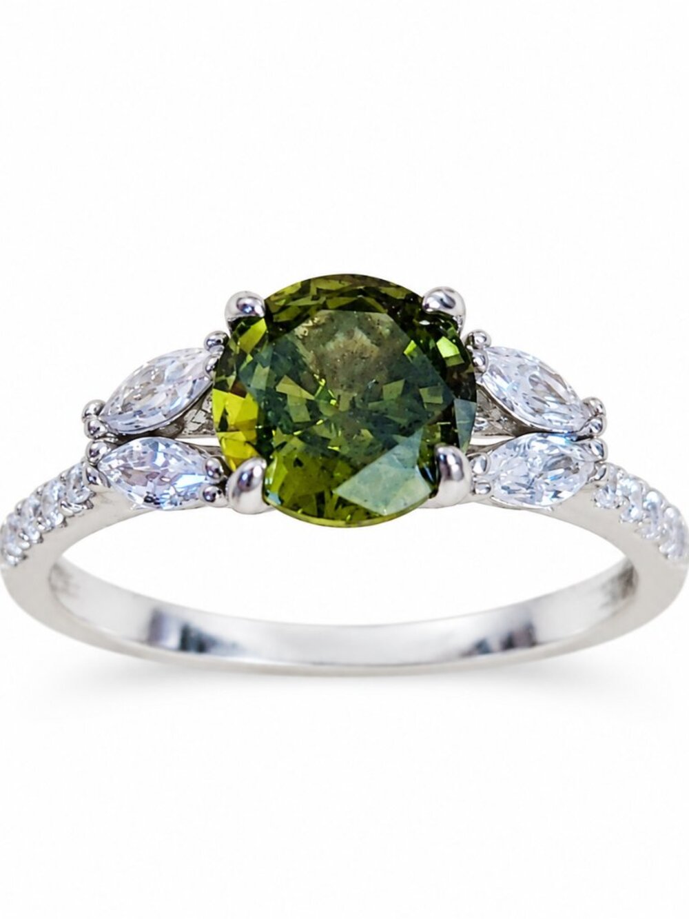 Olive Green Round Cut CZ S925 Sterling Silver Statement Ring Size 8